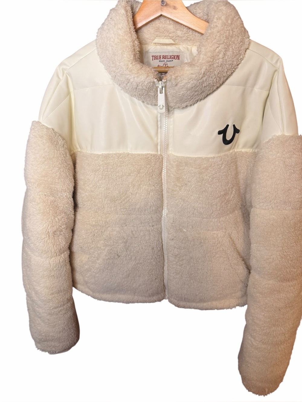 True Religion Cream Sherpa Panel Zip-Up Jacket
